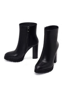 Woman Black Zip Closure High Thick-Heeled Leather Boots | Derimod