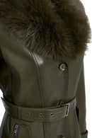 Rhoda Women's Khaki Collar Fur Belt Detailed Leather Coat | Derimod