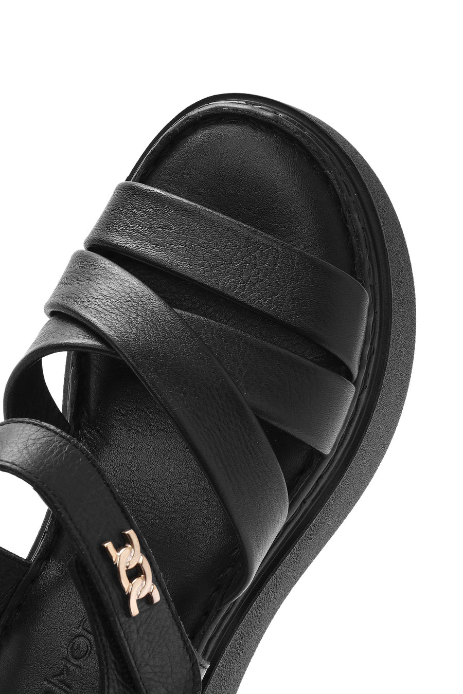 Women's Black Ankle Strap Thick Soled Leather Comfort Sandals