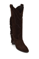 Woman Brown Tassel Chunky-Heeled Suede Leather Cowboy Boots | Derimod