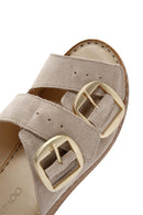 Women's Beige Buckle Suede Leather Slippers | Derimod