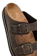 Men's Khaki Double Buckle Nubuck Leather Slippers | Derimod