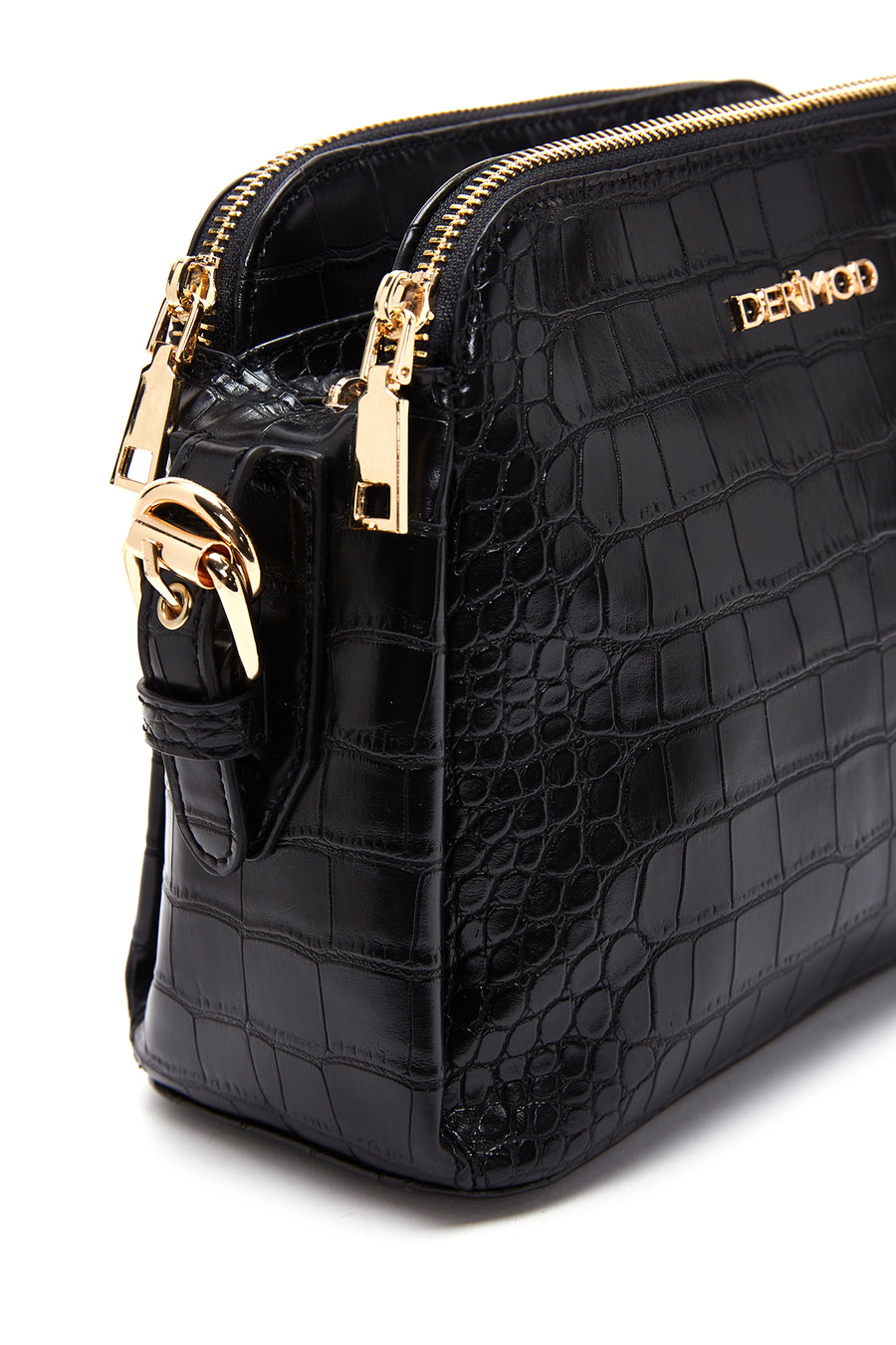 Women's Black Long Strap Crocodile Patterned Crossbody Bag