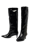 Woman Black Short Thin-Heeled Patent Leather Boot | Derimod