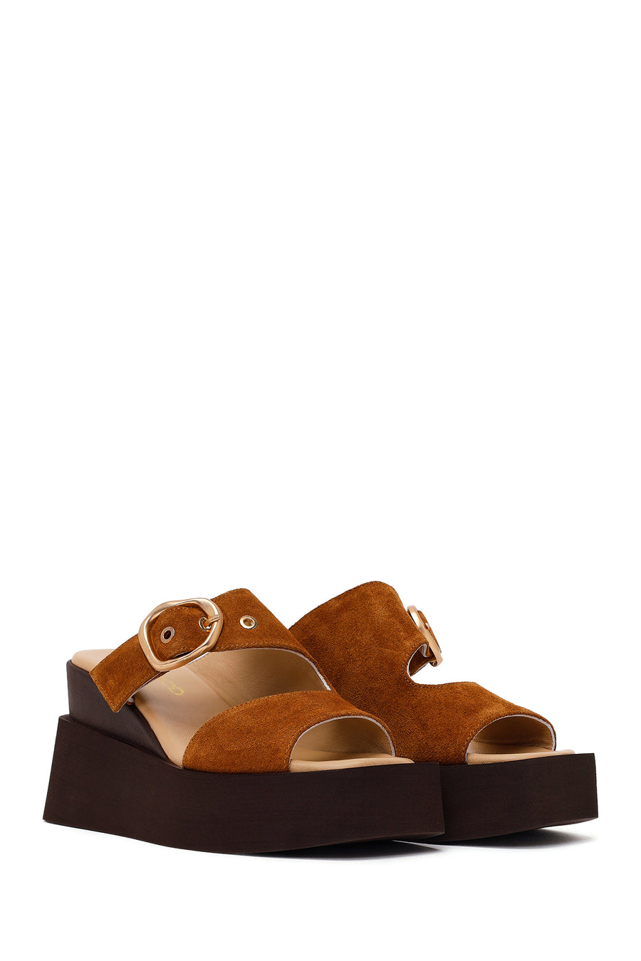 Woman Tan Buckled Wedge Heel Suede Slipper