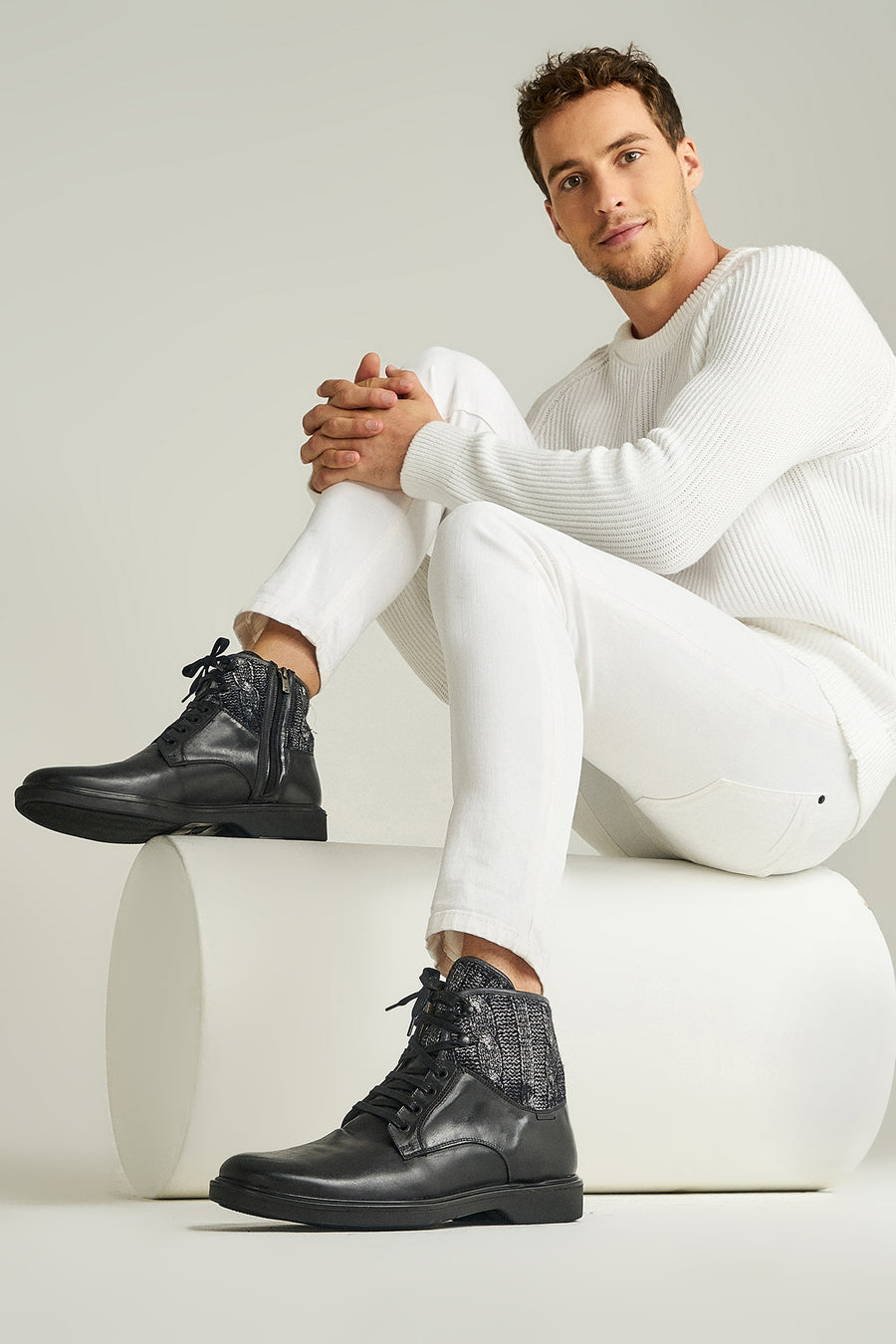 Men's Leather Boots with Knit Detail