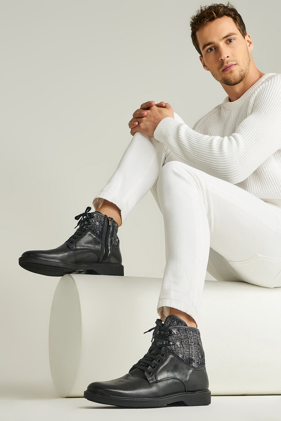 Men's Leather Boots with Knit Detail