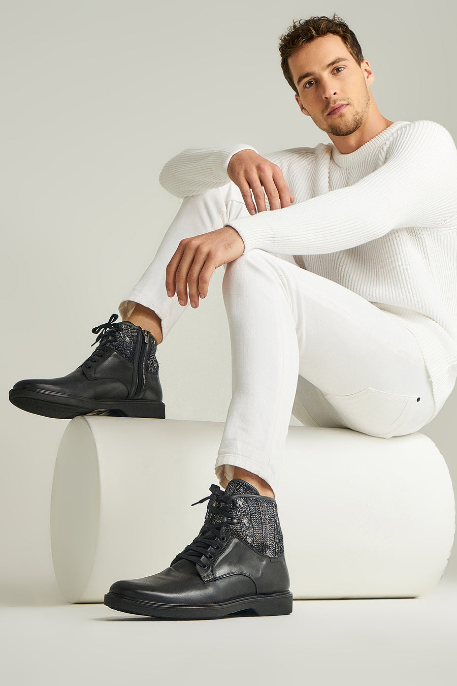 Men's Leather Boots with Knit Detail
