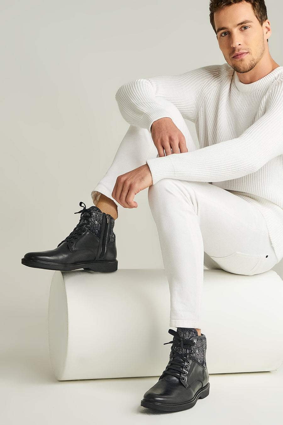 Men's Leather Boots with Knit Detail