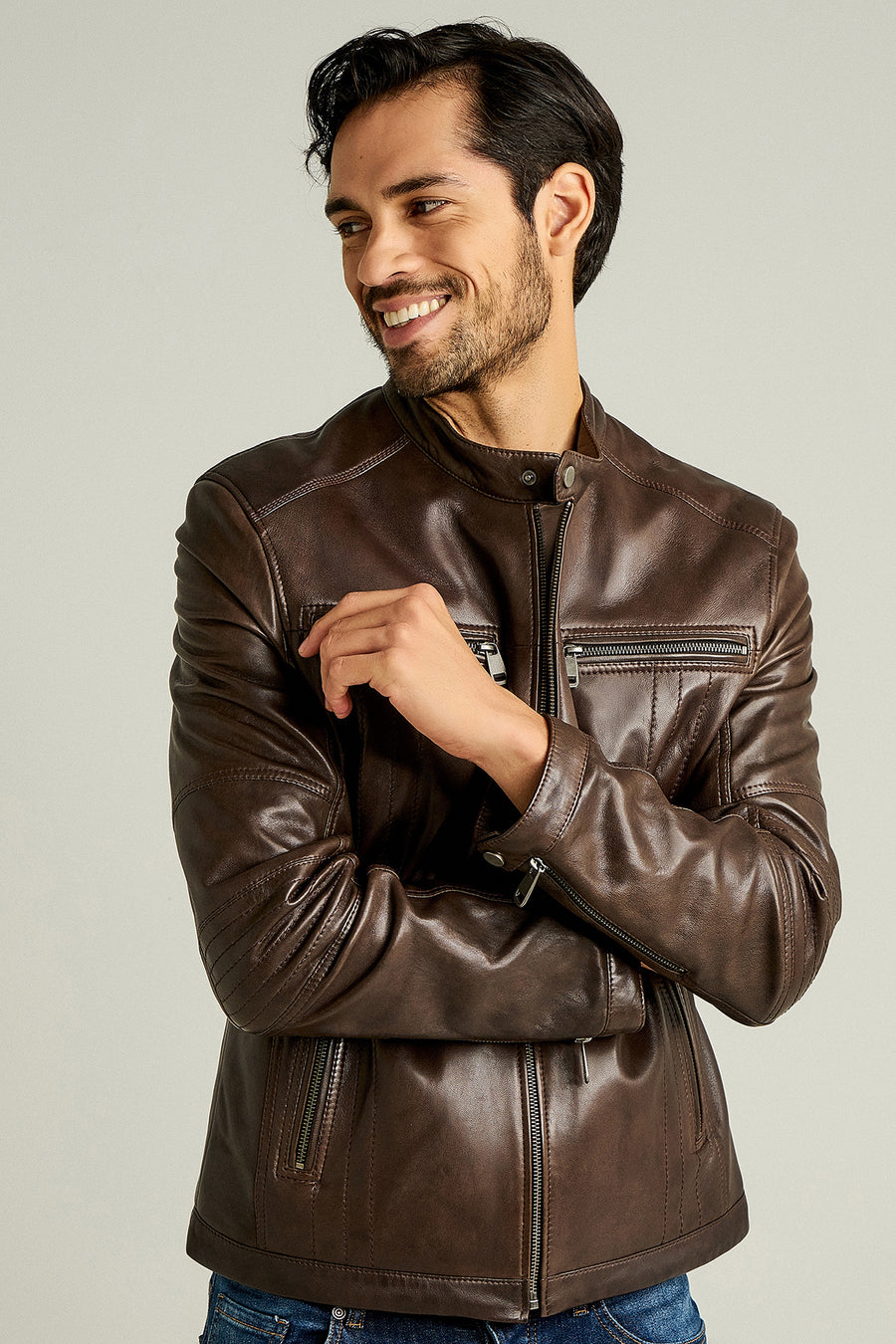 Demar Erkek Kahverengi  Slim-Fit Deri Ceket