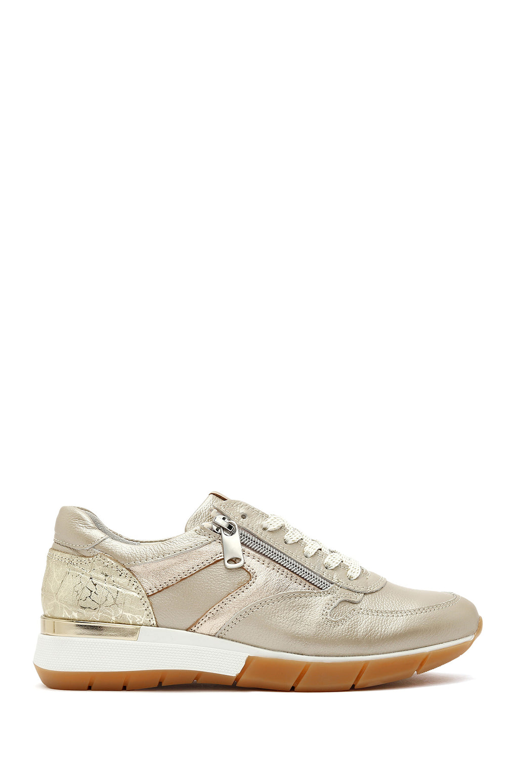 Kadın Altın Bağcıklı Yandan Fermuarlı Deri Sneaker