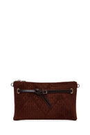 Woman Brown Printed Suede Clutch Bag with Long Chain Strap | Derimod