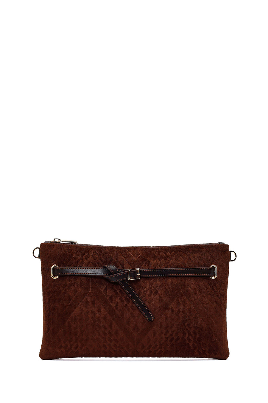 Woman Brown Printed Suede Clutch Bag with Long Chain Strap