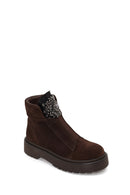 Woman Brown Zip Closure Embellished Chunky Sole Suede Boots | Derimod