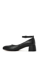 Women's Black Ankle Strap Low Thick Heel Leather Shoes | Derimod