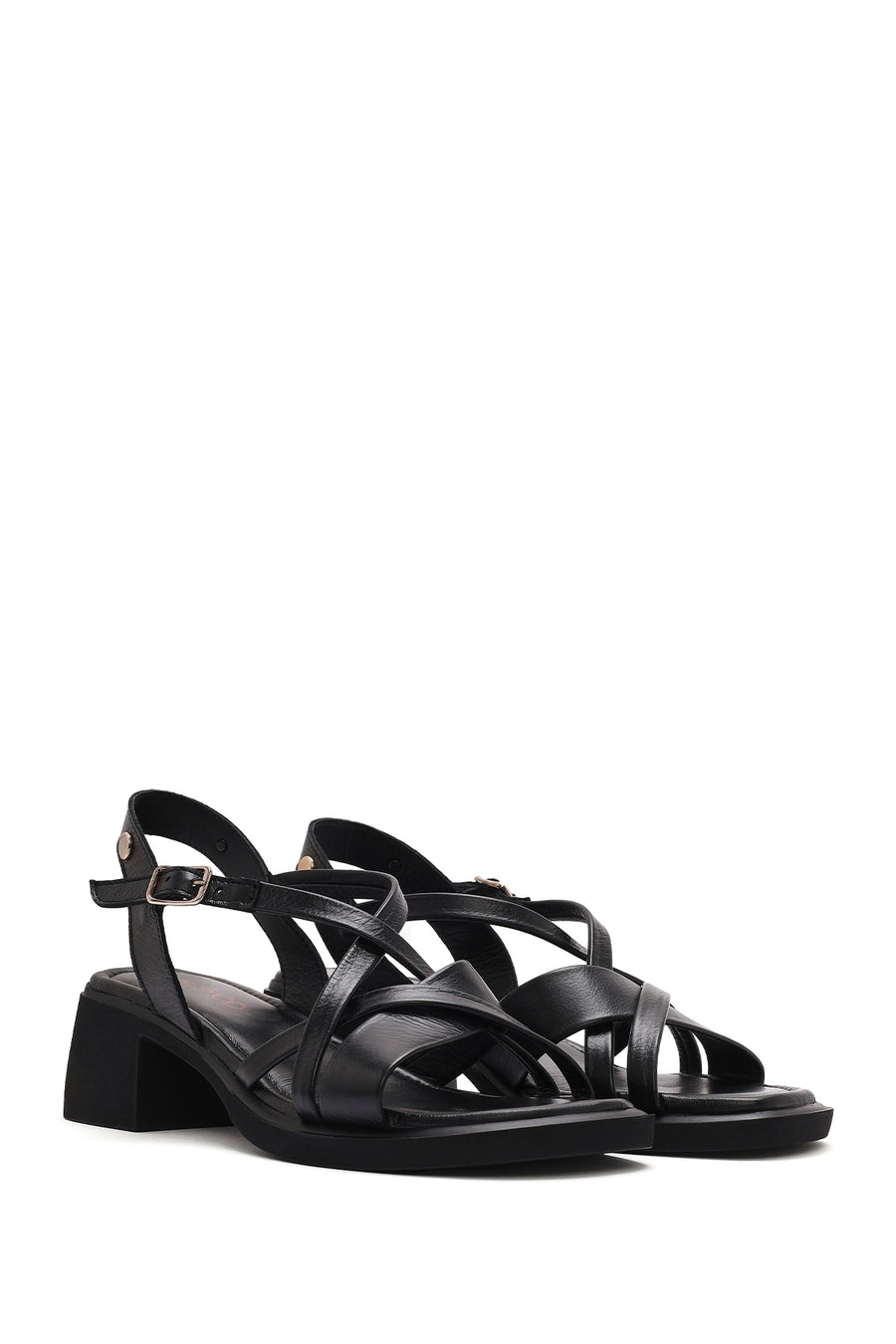 Women's Black Ankle Buckle Low Heeled Leather Sandals