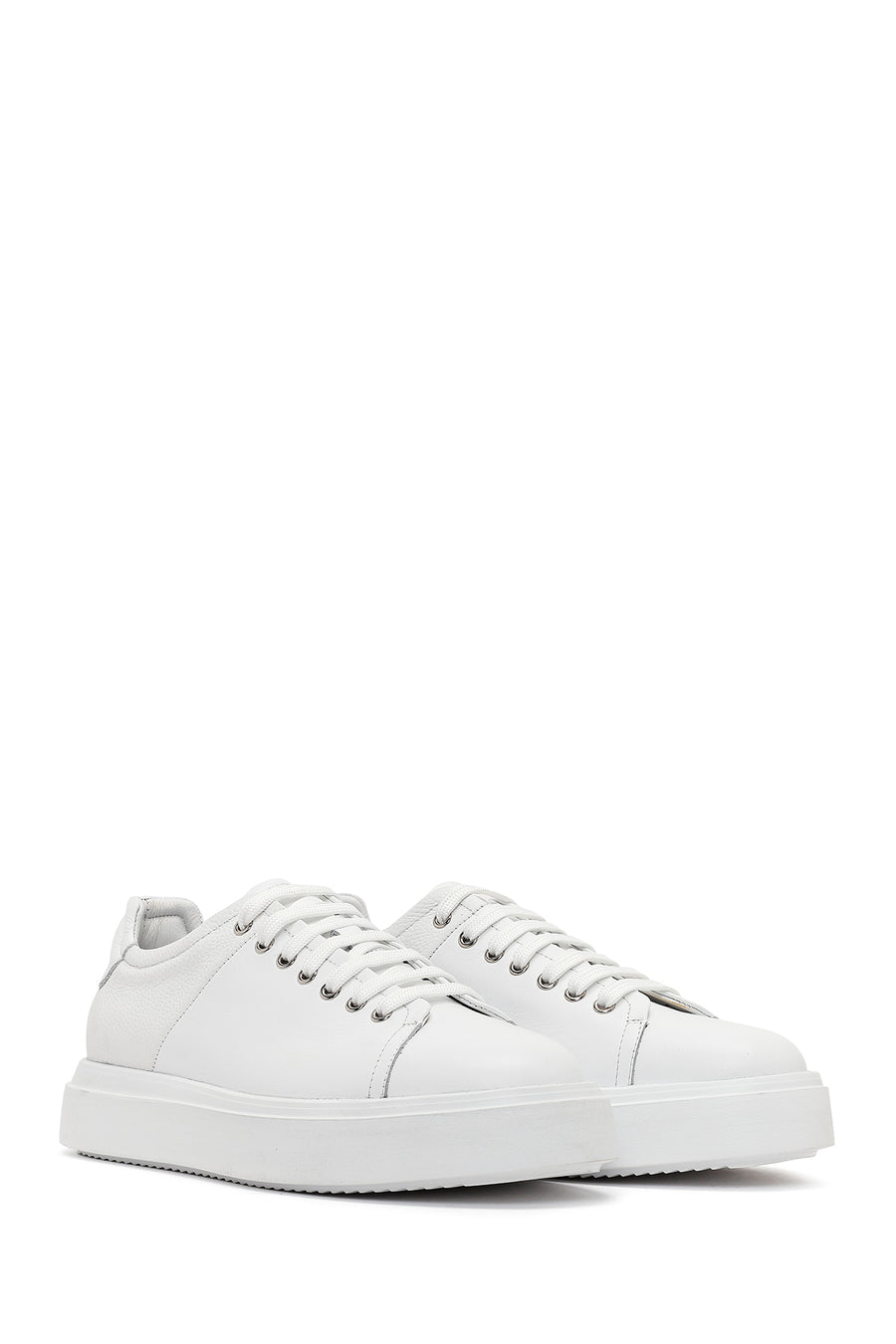 Men's White Lace-up Thick-Sole Leather Sneaker