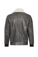 Hurricane Men's Grey Fur Collar Pilot Leather Jacket with Emblem | Derimod