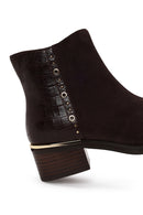 Woman Brown Zip Closure Crocodile Pattern Chunky Heeled Suede Boots | Derimod