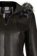 Audrey Woman Black Hooded Fur Leather Coats | Derimod