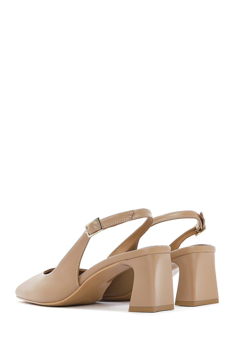 Women's Beige Slingback Low Thick Heel Leather Shoes