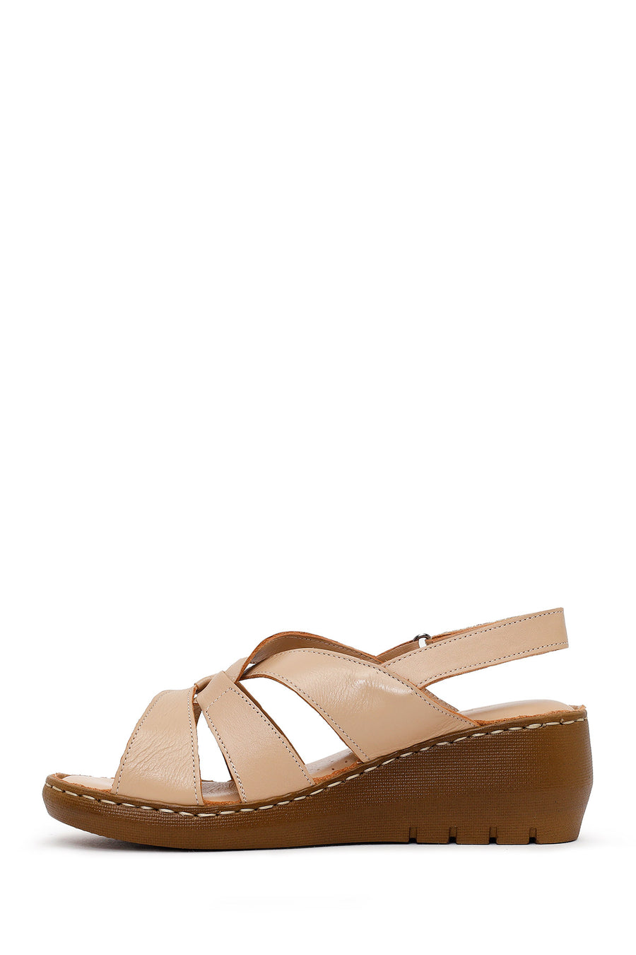 Woman Beige Wedge-Heeled Leather Comfort Sandal