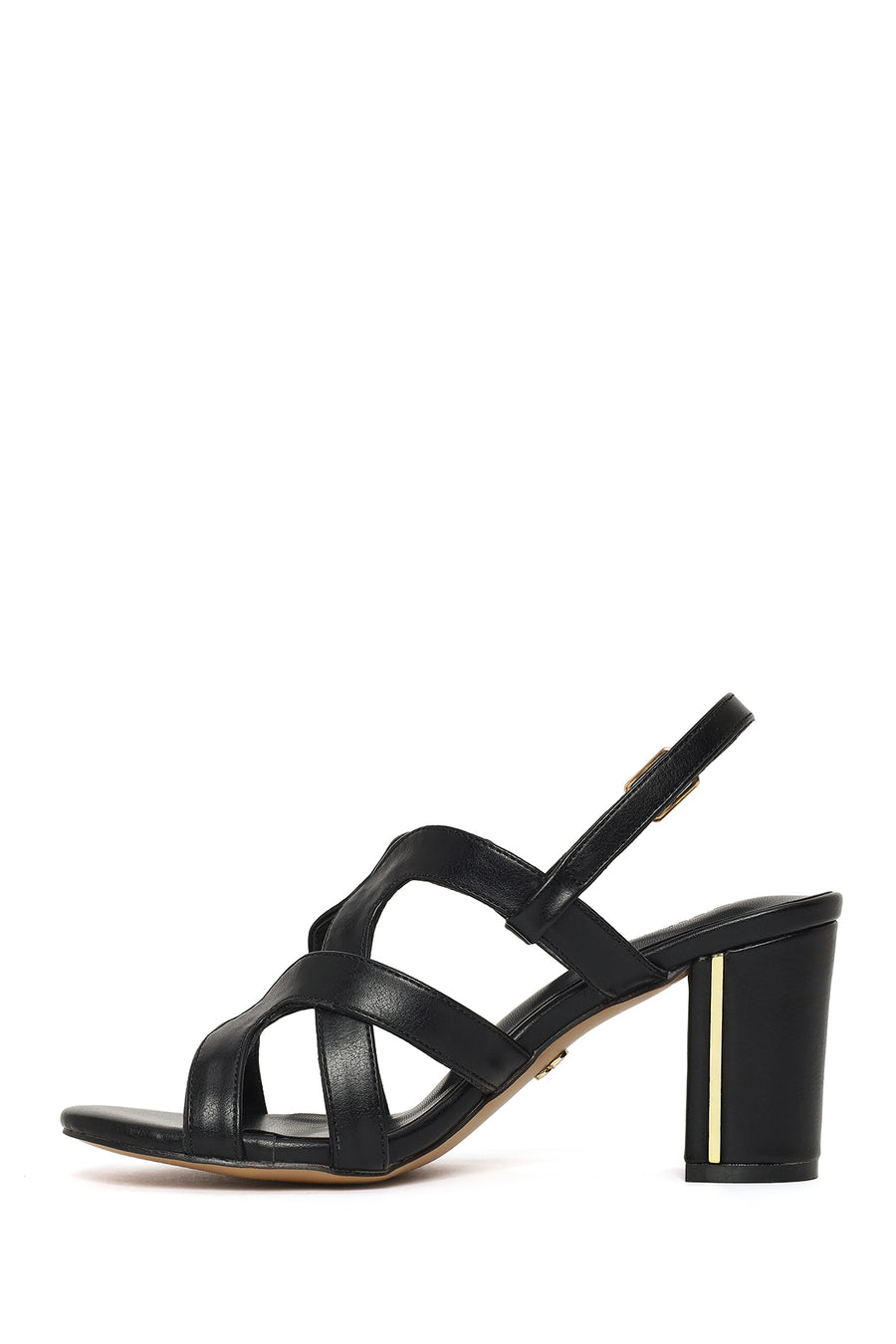 Woman Black Ankle Buckle Chunky Heeled Sandals