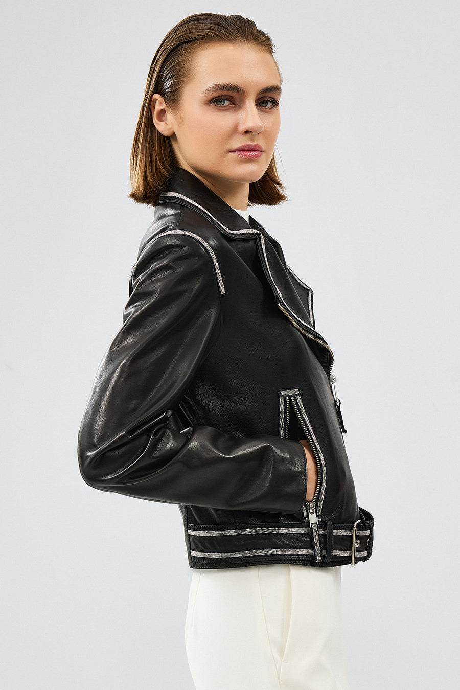 Lady Women's Black Short Leather Jacket