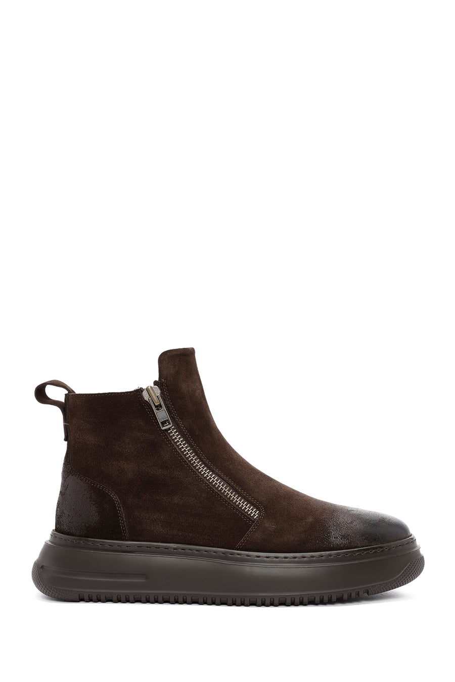 Men's Brown Double Zipper Suede Leather Casual Boots 24WFD740310 | Derimod