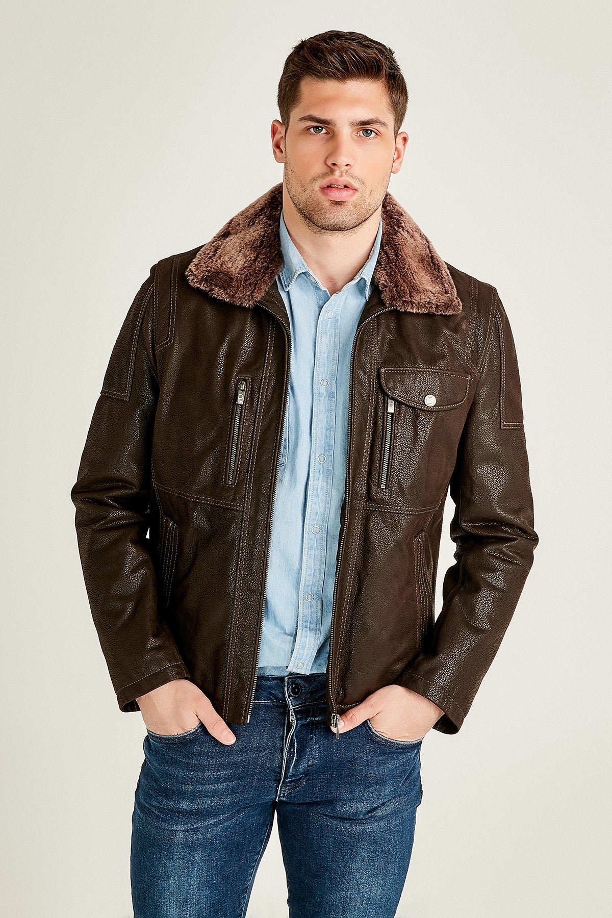 Angelo Men's Brown Leather Jacket with Fur Collar 19WGD60530M | Derimod