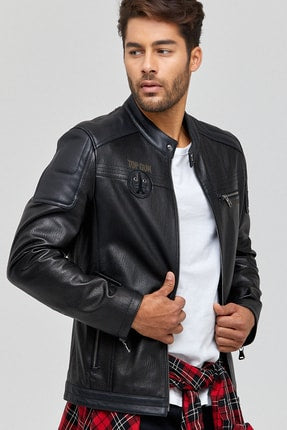 Kawhi Men's Black Slim-Fit Embroidered Leather Coat