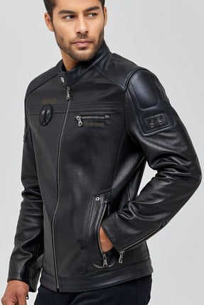 Kawhi Men's Black Slim-Fit Embroidered Leather Coat