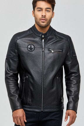 Kawhi Men's Black Slim-Fit Embroidered Leather Coat