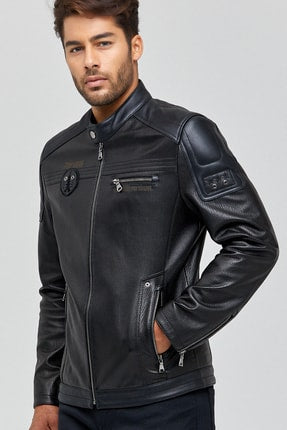 Kawhi Men's Black Slim-Fit Embroidered Leather Coat