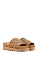 Women's Brown Knit Leather Slippers | Derimod