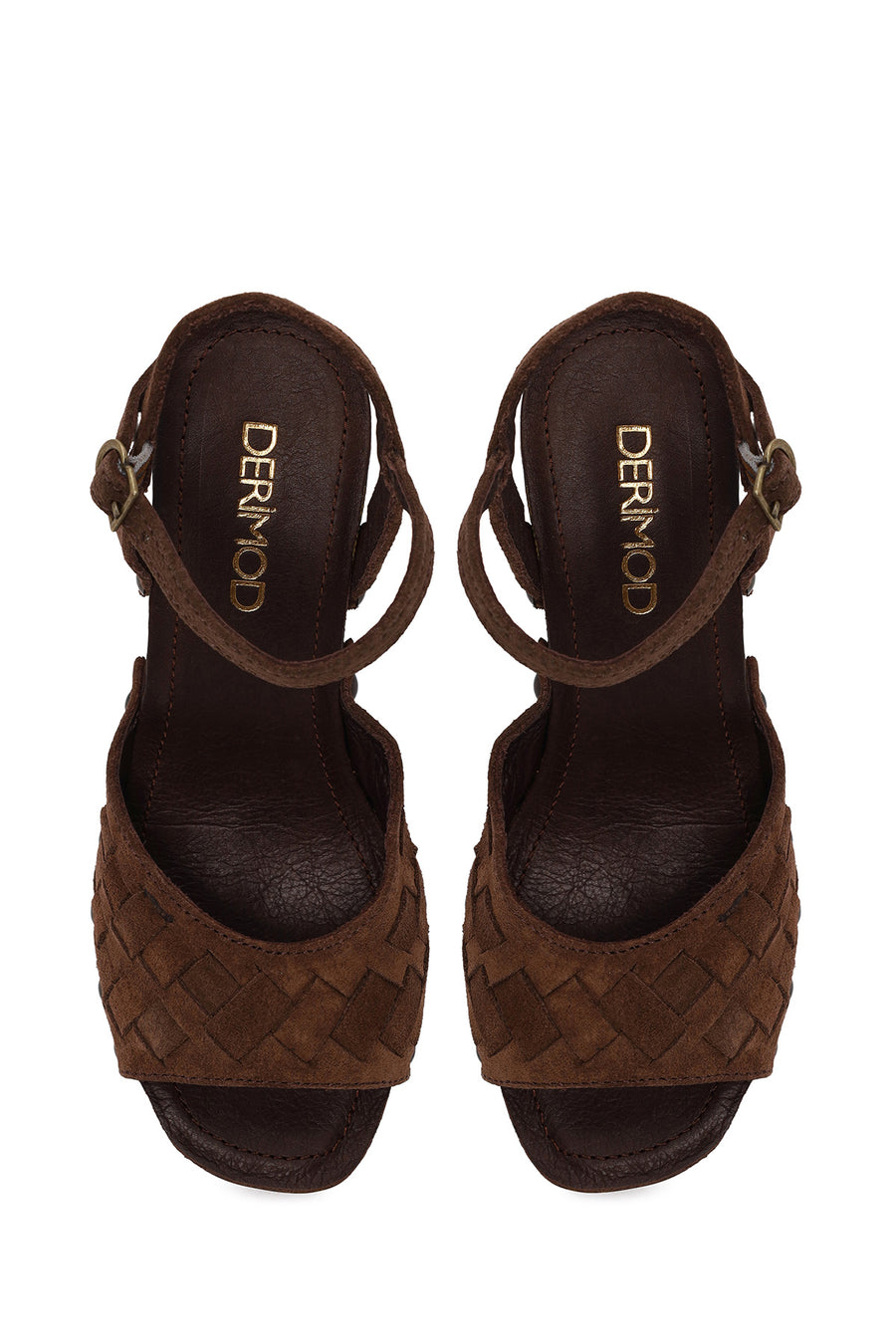 Woman Tan Ankle-Buckle Chunky-Heel Suede Sandal