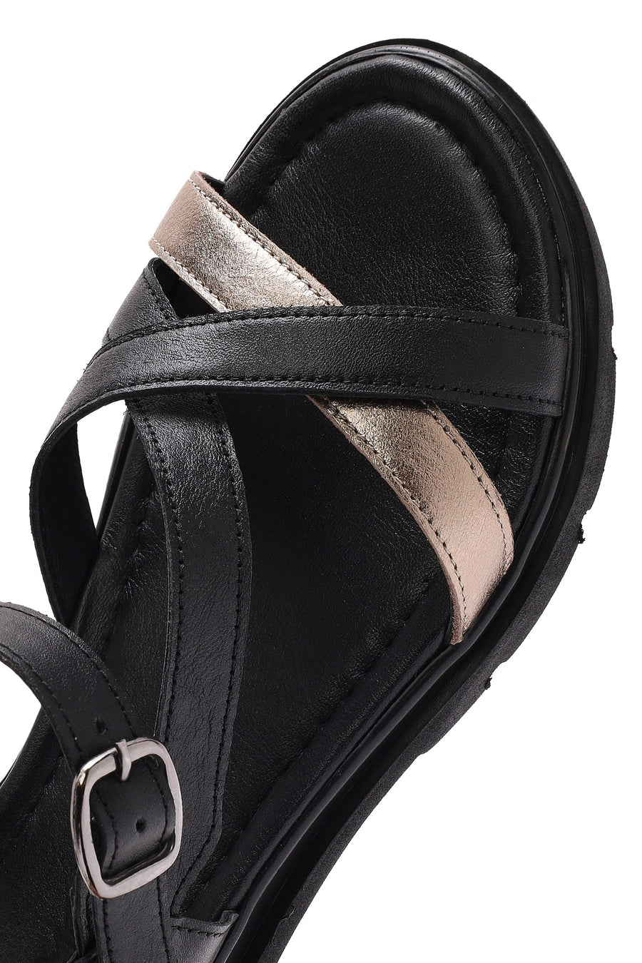Women's Black Leather Ankle Buckle Sandals