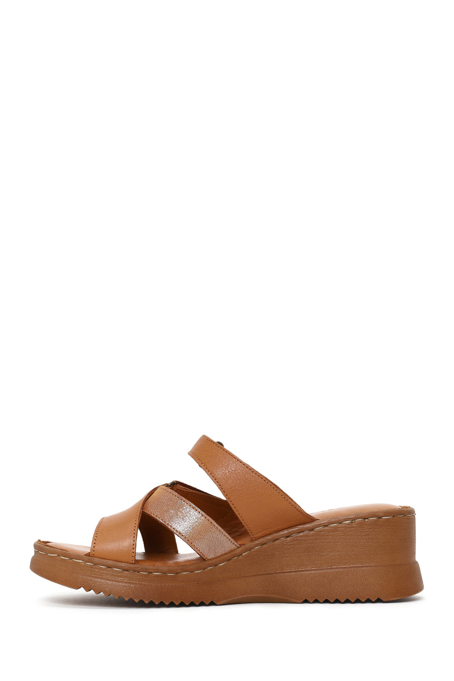 Woman Tan Wedge Heel Leather Comfort Slipper