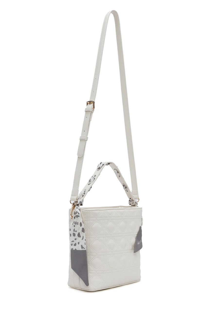 Women's Cream Long Strap Quilted Handbag with Accessory Detail