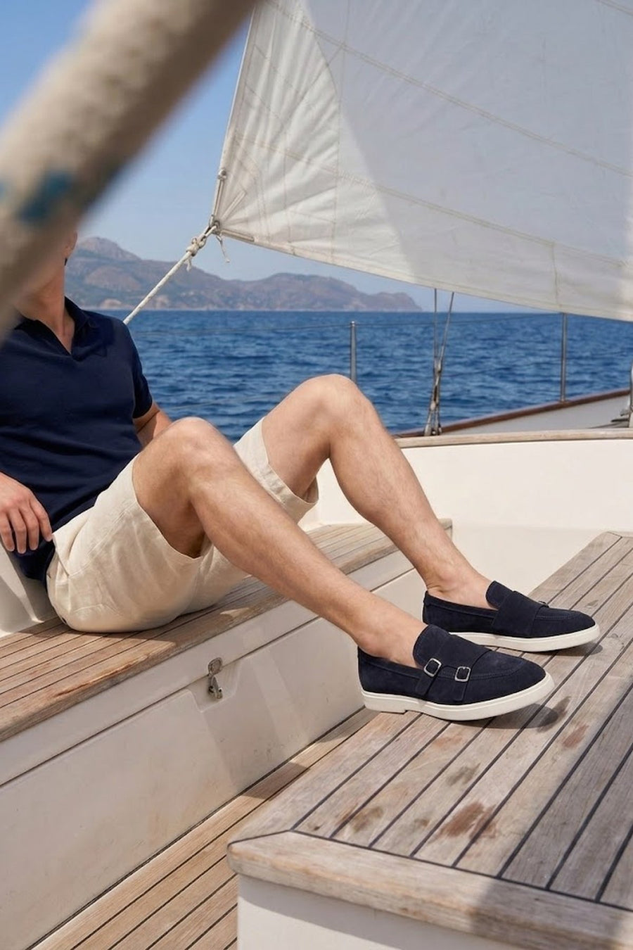 Men's Navy Blue Double Buckle Suede Leather Loafer