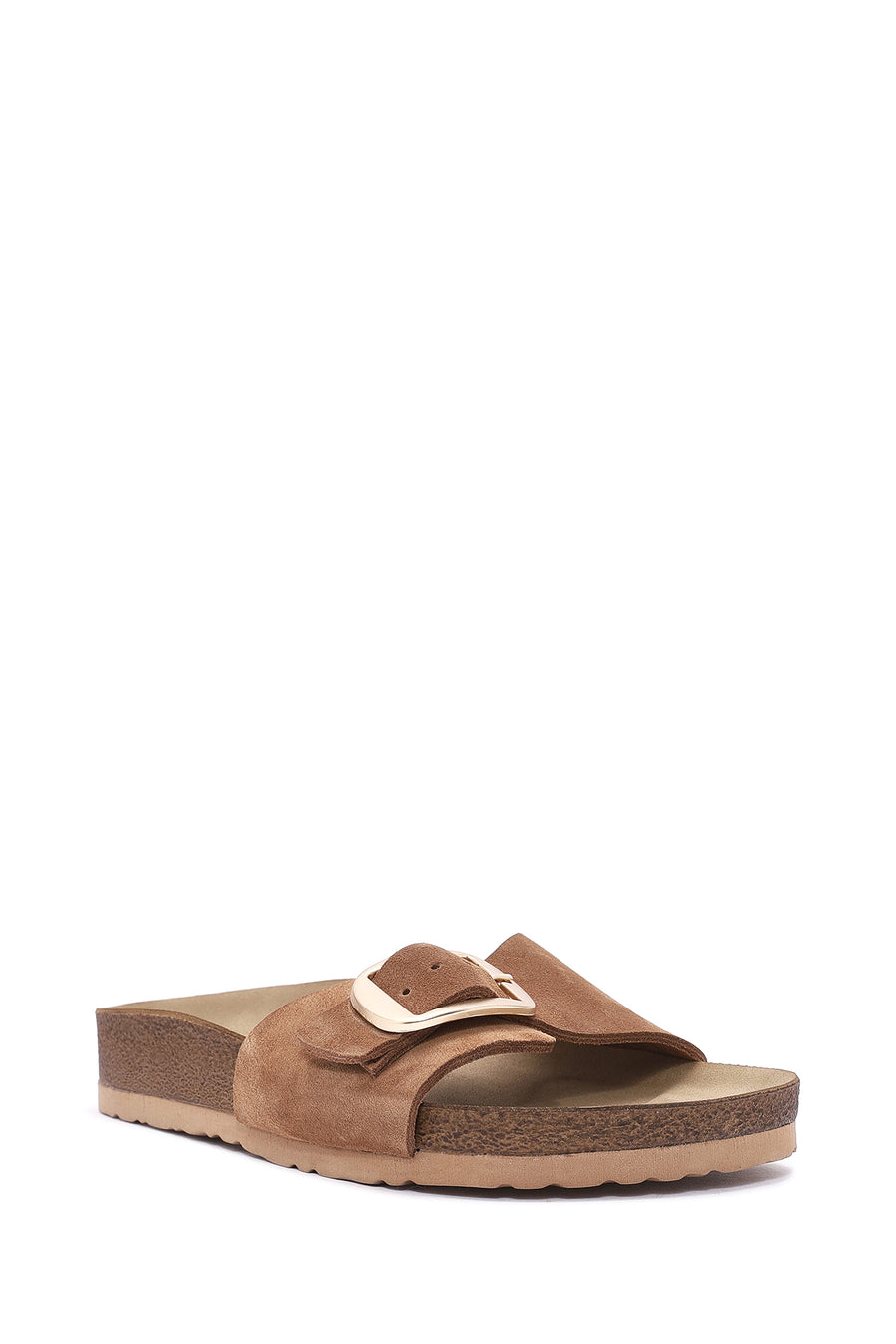 Women's Brown Buckle Suede Leather Slippers