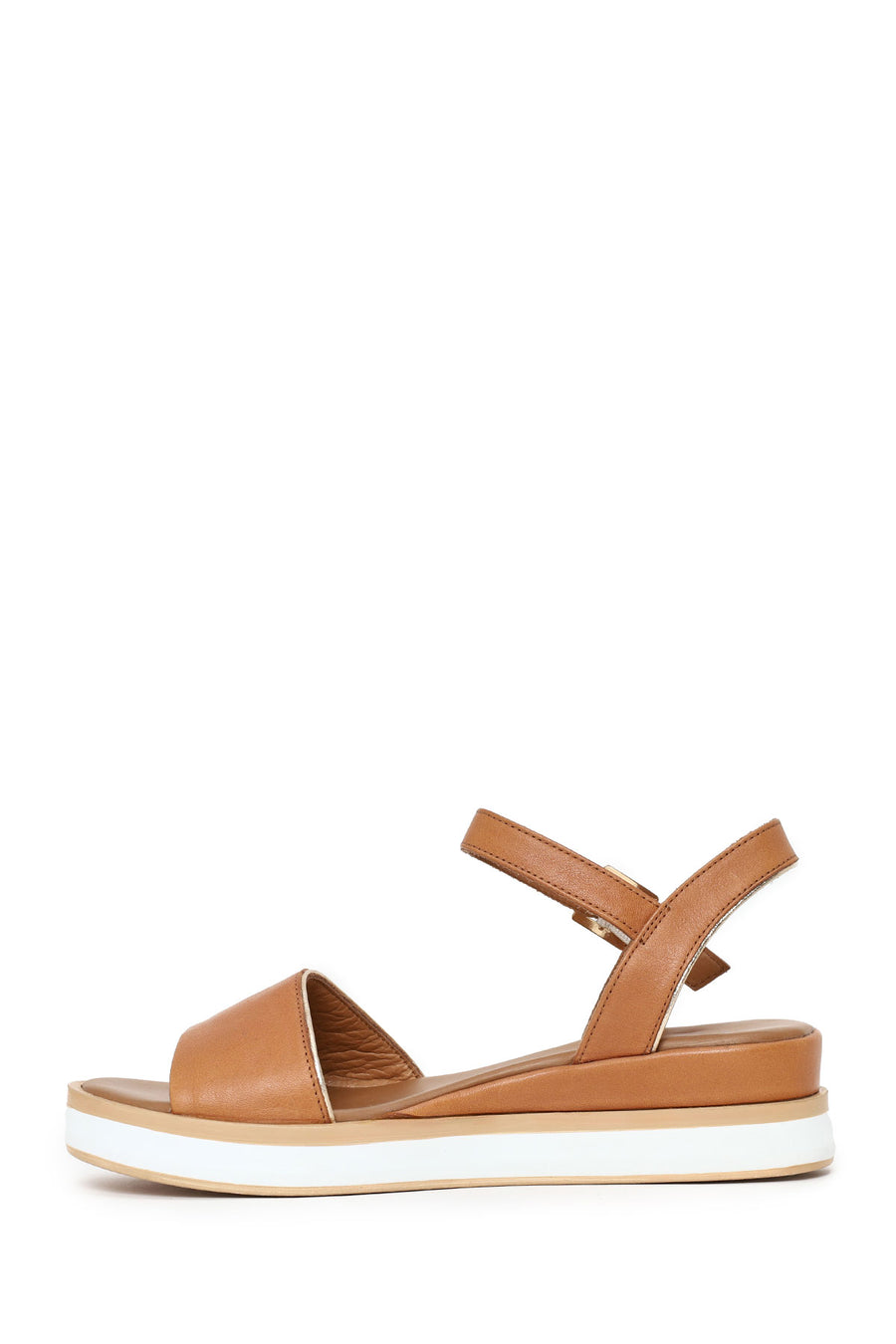 Woman Tan Strappy Wedge Heel Leather Sandal