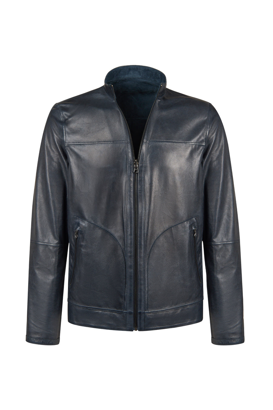 Clint Male Navy Mandarin Collar Reversible Suede Leather Jacket