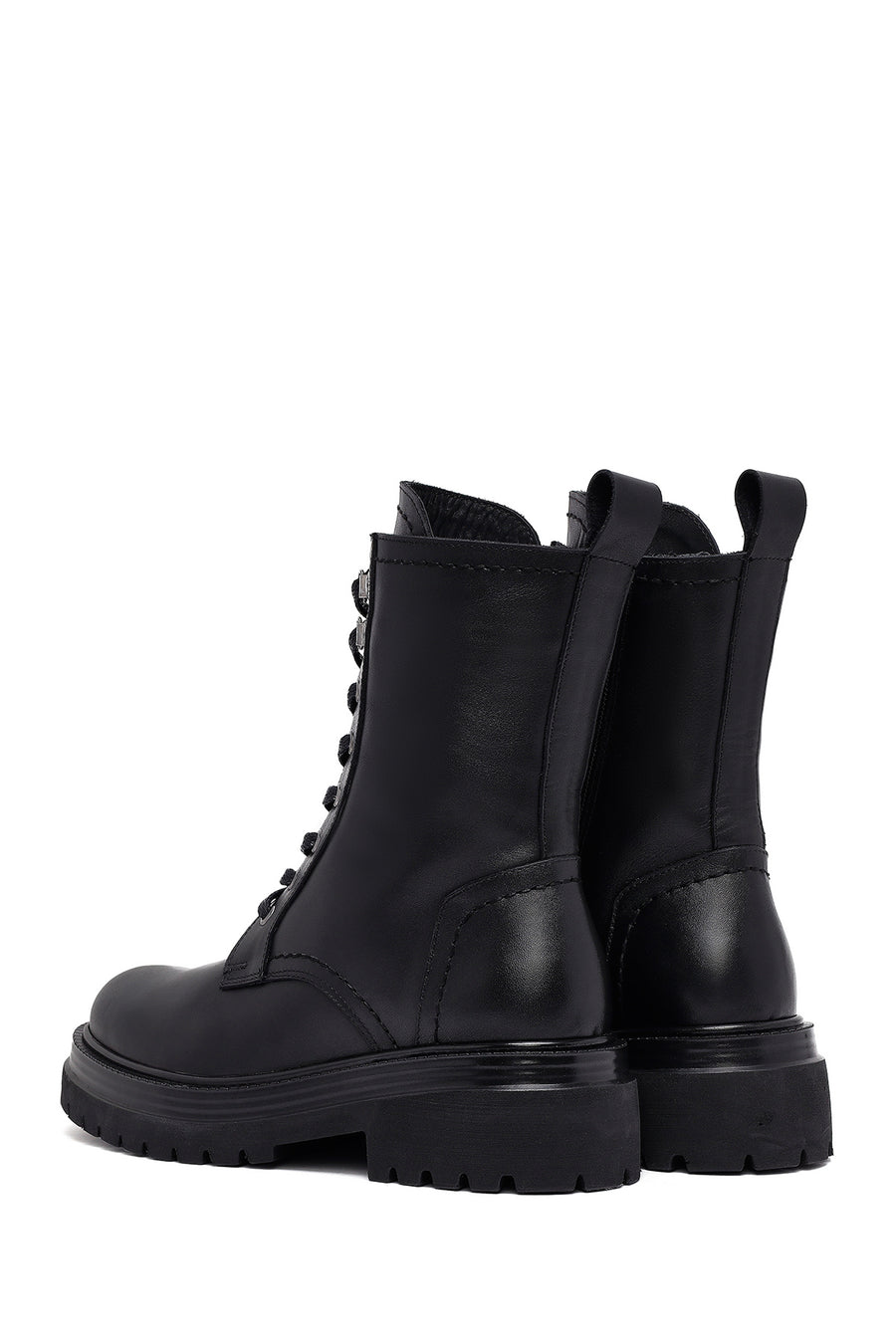 Woman Black Zip Closure Lace-Up Thick-Soled Leather Combat Boots