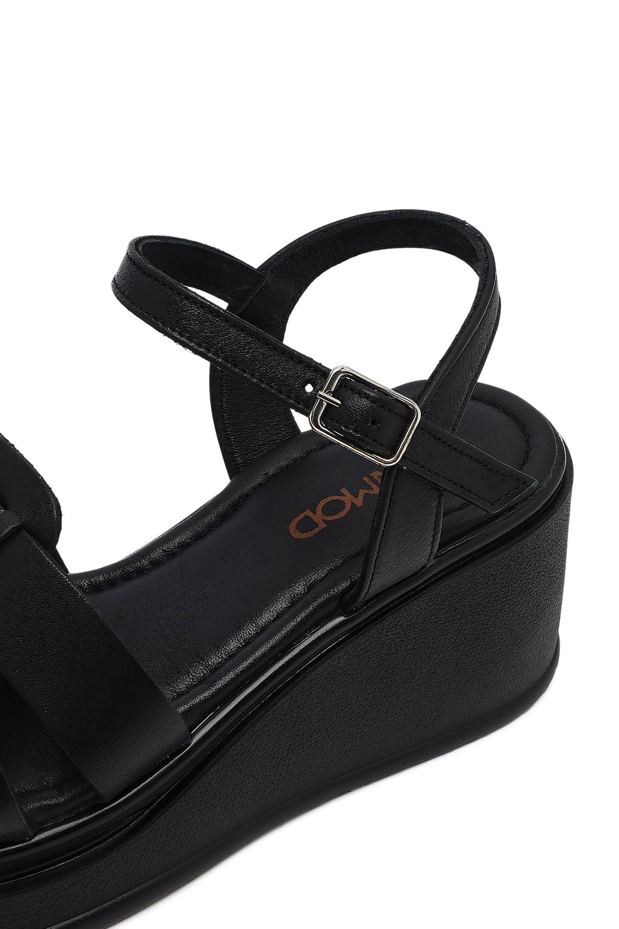 Women's Black Ankle Buckle Wedge Heel Leather Sandals
