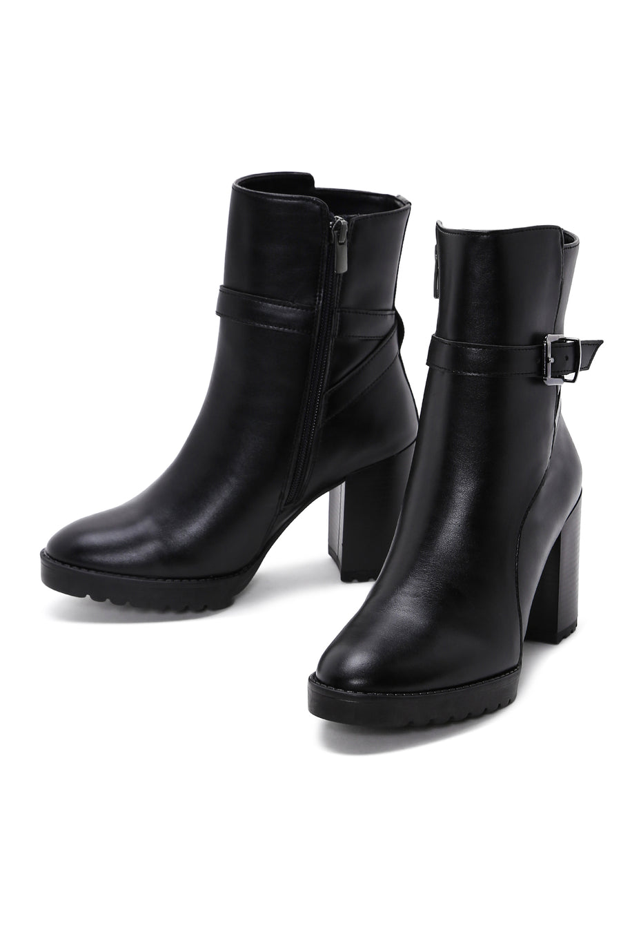 Women's Black Buckle Heeled Boots