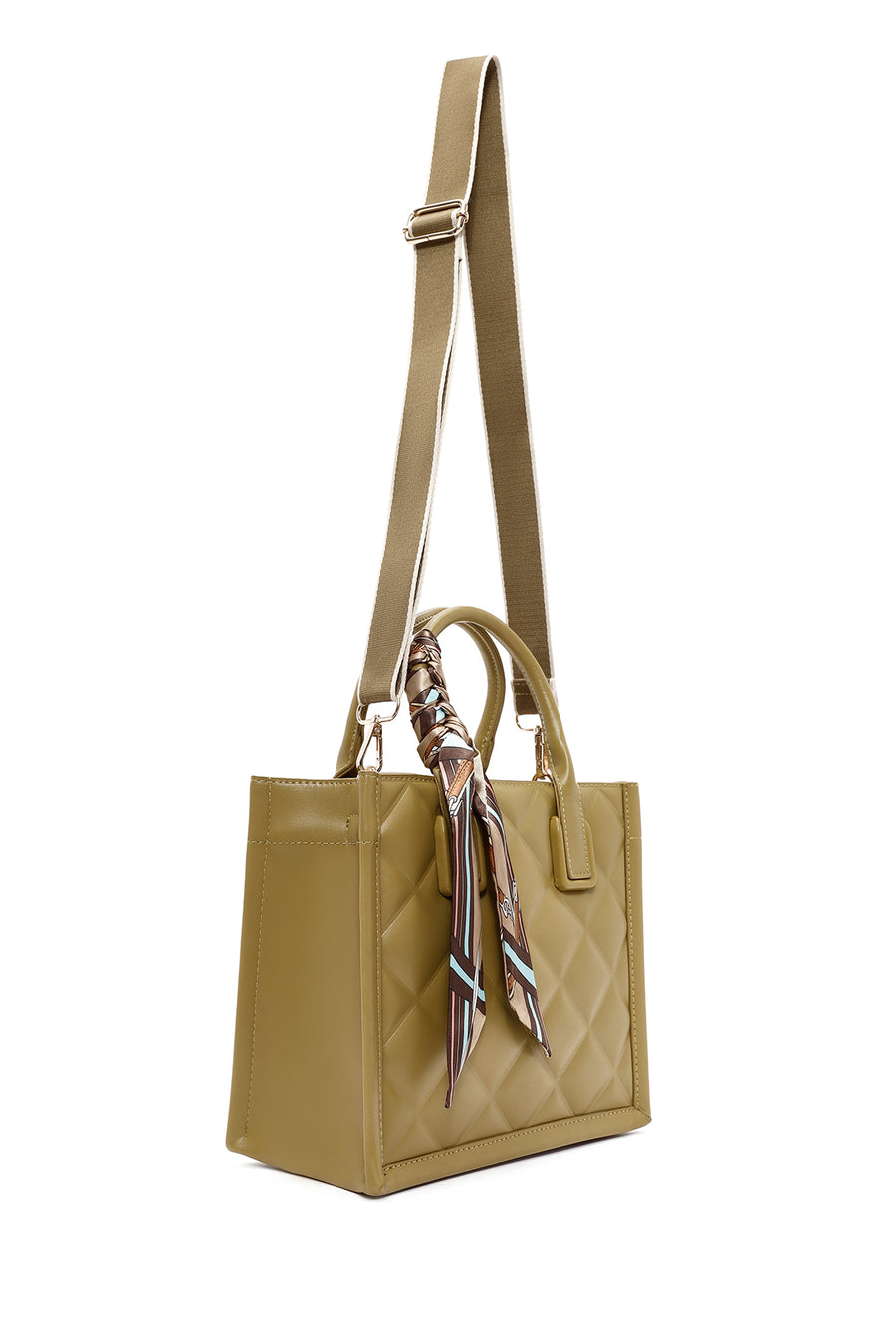 Women's Khaki Long Strap Accessory Detailed Quilted Handbag