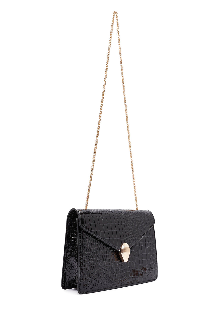 Women's Black Long Strap Crocodile Crossbody Bag