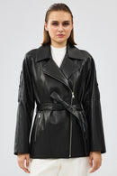 Adriana Women's Black Double Collar Leather Jacket | Derimod