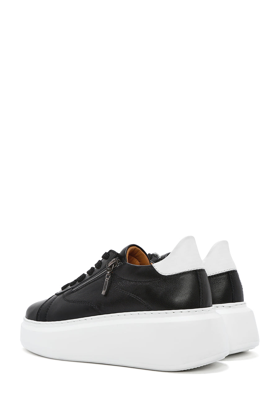 Women's Black Zippered Lace-Up Thick-Sole Leather Sneakers